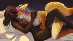 2girls anthro bed black_fur blush breasts canine duo ear_piercing female fingering flower fox fur gold_fur hug licking mammal multiple_girls nipples nude perci piercing plant poodle purple_eyes purple_fur sawyer tattoo tongue tongue_out white_fur yuri zetsuboucchi