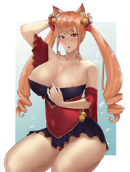 animal_ears bare_shoulders bell blush breasts dress eyeshadow female fox_ears ganzu hair_ornament highres kneeling large_breasts long_hair looking_at_viewer makeup miniskirt nipples open_mouth orange_hair original red_eyes sidelocks simple_background sitting skirt solo twintails