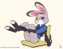 abstract_background anthro ass buckteeth clothed clothing disney female fur furry furry_only grey_fur joe_randel judy_hopps lagomorph legwear mammal patreon pussy rabbit signature simple_background solo teeth undressing white_background white_fur zootopia