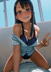 1girls black_hair blush breasts brown_eyes button_down_shirt fully_clothed hayase_nagatoro highres imminent_sex lasterk long_hair looking_at_viewer naoto_hachioji_(senpai) one-piece_swimsuit paid_reward peace_sign please_don't_bully_me,_nagatoro small_breasts smile spread_legs swimsuit