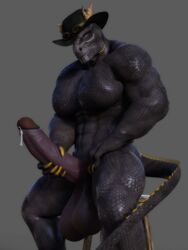 3d anthro balls bara barabatos black_scales bonerdvoideater claws dragon dripping erection goggles goggles_on_head hat horns hyper_balls hyper_penis leaking_penis looking_at_penis male male_focus male_only masturbation muscles muscular_male pecs penis precum sagging_balls scalie sitting tail