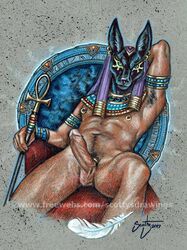 1boy ankh anubian_jackal anubis deity erection humanoid jackal looking_at_viewer male male_focus male_only penis scanimal_head scottysdrawings solo