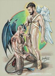 2boys angel beard closed_eyes cock_gobble cock_hungry cock_ring cum_hungry cumshot demon demon_wings duo earring ejaculation erect_nipples erection eyes_closed facial_hair feathered_wings fellatio gay giving_head going_down_on holding_leg holding_penis humanoid kneeling_oral_position male male_only masturbating_during_fellatio masturbation mohawk nipple_ring nude oral_sex orgasm_from_masturbation penis penis_in_mouth pierced_ear pierced_nipples pointed_ears scottysdrawings shoes_only shoulder_tattoo sucking_off tattoo tufted_tail wings