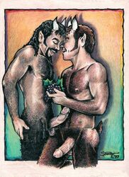 1990s 1997 20th_century 2boys black_hair boner brown_hair duo erect_nipples erection gay grapes horns imminent_sex looking_at_partner male male_only mouth_open penis pointy_ears retracted_foreskin satyr scottysdrawings smile tail_raised veiny_penis yaoi