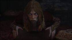 1boy 1girls 3d blonde_hair cd_projekt_red dark-skinned_male dark_image elf faceless_male fellatio female francesca_findabair interracial leeterr looking_at_viewer male oral penis pov the_witcher the_witcher_(series)