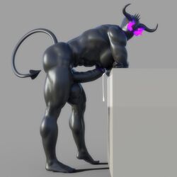 3d balls bara bending_over big_balls big_penis black_skin bonerdvoideater cum demon dripping erection faceless faceless_male horns incubus kreutz_munere leaking_penis looking_at_viewer male male_focus male_only muscles muscular_male nude nude_male penis purple_eyes solo tail