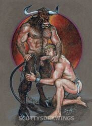 2boys bovine chained duo erection face_fucking fellatio fictional_interracial gay holding_head horns_and_hooves human interspecies jockstrap male male/male male_on_male male_only minotaur nose_piercing nose_ring oral penis scottysdrawings