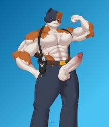 1boy 2022 :3 abs absurd_res alternate_version_at_source anthro balls bara_av belt big_muscles blue_background bodily_fluids bottomwear calico_cat clothed clothing domestic_cat epic_games erection felid feline felis flexing fortnite furry genital_fluids genitals glans gun highres holster humanoid_genitalia humanoid_penis male male_only mammal meowscles_(fortnite) mottled muscular muscular_anthro muscular_male pants pecs penis penis_through_fly piebald poking_out precum ranged_weapon simple_background smile solo standing suspenders topless vein veiny_penis video_games weapon