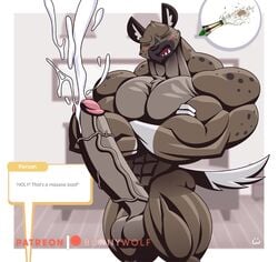 aggressive_retsuko animal_penis anthro balls buff closed_eyes crossed_arms cum cumshot ejaculation english_text erection furry furry_only haida hands-free humanoid_penis hyena hyper hyper_muscles hyper_penis male male_only mammal muscles muscular muscular_male nude open_mouth orgasm penis smooth_fur solo standing the_fabulous_croissant vein veiny_penis wolfiecanem