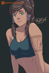 1girls art_with_a_side_of_fries artist_name avatar_legends awasof blue_bra bra breasts brown_skin dark-skinned_female dark_skin female female_only fully_clothed korra medium_breasts naked nickelodeon solo sports_bra straight_hair tattoo the_avatar the_legend_of_korra water_tribe