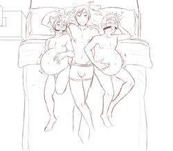 3boys after_sex ball_gag bed belly_rub black_and_white blush bulge cum inflation kingdom_hearts male male_only nobody_(kingdom_hearts) riku roxas satisfied sketch sora sora-belly threesome