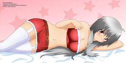 beltskirt blush christmas christmas_outfit cleavage collarbone female female_only garter_straps grey_hair holidays human kanna_albeecht long_hair looking_at_viewer lying miniskirt on_side red_eyes red_shirt red_skirt skirt solo star_background very_long_hair white_legwear yukino_memories zel-sama