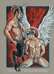 2boys angel balls black_hair blindfold blindfolded blonde_hair boner duo erect_nipples erect_penis erection feathered_wings fellatio fictional_interracial gay hairy_chest hairy_legs holding_head horns_and_hooves interspecies looking_at_partner looking_down male male/male male_on_male male_only nipples nude penis pointed_ears pubic_hair ram_horns satyr scottysdrawings sucking testicles veiny_penis