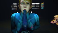 3d blonde_hair bodysuit dildo falcosfm green_eyes hair_between_eyes metroid nintendo samus_aran sidelocks source_filmmaker tagme zero_suit_samus