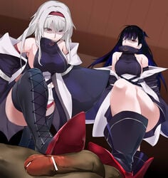 1boy 2girls azur_lane bakkanki bare_shoulders black_dress black_footwear black_hair black_legwear bootjob boots breasts censored colorado_(azur_lane) cross-laced_footwear dark-skinned_male dark_skin dress eagle_union_(azur_lane) femdom ffm_threesome glaring hair_over_one_eye hairband high_collar high_heels highres interracial lace-up_boots large_breasts light-skinned_female light_skin long_hair looking_at_viewer multiple_girls off_shoulder pale_skin penis pointless_censoring red_eyes red_hairband scowl sideboob sleeveless sleeveless_dress stepped_on straight thigh_boots thighhighs thighhighs_under_boots thighs threesome very_long_hair west_virginia_(azur_lane) white_hair