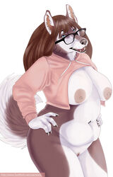 1girls anthro areola belly blue_eyes bottomless breasts brown_fur brown_hair canine clothed clothing deep_navel eyewear female fur glasses hair hand_on_hip happy husky kano_(kanou) kanou mammal meme navel nipples nude open_mouth pussy simple_background slightly_chubby solo sweater twitter_hoodie white_background white_fur