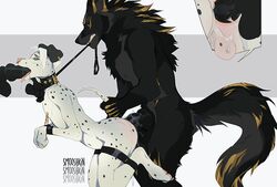 anal anal_sex animal_genitalia animal_penis anthro anthro_on_anthro anus ass backsack balls black_balls black_fur black_nose black_penis bondage bound canine canine_penis collar cum cum_in_ass cum_inside cutaway dalmatian domination duo ear_piercing erection facial_piercing fur group group_sex hair knot leash leash_pull male male_domination male_penetrating mammal nipple_piercing nipples nose_piercing nose_ring nude oral oral_penetration penetration penis piercing pink_nose sex signature simple_background smooshkin spitroast standing submissive_male teeth tongue tongue_out white_balls white_hair wolf yaoi