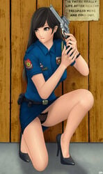 badge badges beltskirt black_eyes black_hair black_high_heels black_panties blue_skirt bracelet firearm footwear gun handgun holding_weapon human khalitzburg kneeling long_hair pistol police_girl police_officer police_uniform police_woman policewoman revolver sign skirt upskirt weapon wooden_fence