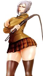 brown_eyes glasses grey_hair hiramoto_akira large_breasts lipstick prison_school shiraki_meiko skirt whip