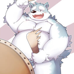 2016 anthro balls belly blush canine humanoid_hands male male_only mammal moobs musical_instrument nipples one_eye_closed overweight overweight_male park_kr simple_background solo taiko_drum wink wolf