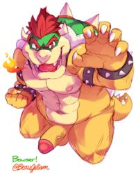 1boy 5_fingers anthro armband bara beaugilliam bowser bracelet breath_powers claws collar elemental_manipulation erection fingers fire fire_breathing fire_manipulation genitals hair hi_res horn jewelry koopa looking_at_viewer male male_only mario_(series) muscular muscular_anthro muscular_male nintendo nipples open_mouth pecs penis red_eyes red_hair scalie sharp_teeth shell simple_background solo solo_male spiked_armband spiked_bracelet spiked_collar spiked_shell spikes spikes_(anatomy) teeth video_games white_background