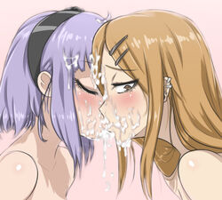 cum cum_in_mouth cum_on_face cum_on_hair cum_swap dagashi_kashi endou_saya_(dagashi_kashi) facial hair_ornament hairband hairclip kissing lesbian_kiss maji-pan shidare_hotaru snowballing yuri