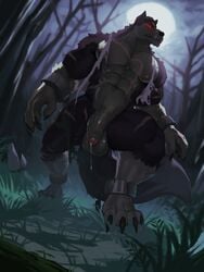 2018 4_toes 5_fingers abs absurd_res anthro balls biceps big_balls canine chains claws clothing detailed_background fangs flaccid foreskin forest front_view fur glowing glowing_eyes grass grey_fur hi_res humanoid_penis kristakeshi low-angle_view male male_only mammal moon mostly_nude multicolored_fur muscular muscular_male night nipples outside pants pecs penis perspective post_transformation precum red_eyes scar shackles sharp_teeth shirt sky solo spooky teeth toe_claws toes torn_clothing torn_pants torn_shirt transformation tree triceps two_tone_fur uncut vein were werewolf