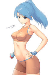 1girls 2018 abs ass bare_shoulders battle_girl_(pokemon) battle_girl_(pokemon_oras) belly bike_shorts blue_hair blush breasts cleavage comugico eyelashes female female_only fingerless_gloves gloves grey_eyes hand_on_hips holding human long_hair looking_at_viewer midriff navel nintendo npc_trainer poke_ball pokemon pokemon_oras pokemon_rse ponytail shirt shorts skin_tight solo sports_bra standing tank_top teeth text thin_waist tight_clothing translated white_background white_skin