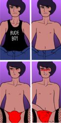 1boy biting_lip blush cartoon_network closed_eyes dark_hair embarrassed fishnet_stockings fishnets hand_in_panties hand_in_pants kevin_(steven_universe) male male_only masturbation panels red_panties steven_universe tank_top therandomninjakitty