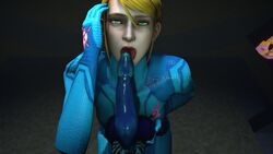 3d blonde_hair bodysuit dildo falcosfm fellatio green_eyes licking_penis looking_at_viewer metroid nintendo oral samus_aran source_filmmaker tagme zero_suit_samus