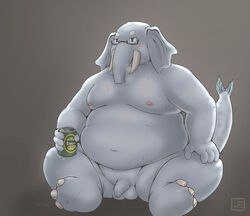 2018 alcohol anthro balls beer belly beverage beverage_can big_belly elephant eyewear fish_tail flaccid foreskin glasses grey_background hi_res humanoid_penis male male_only mammal nipples nude overweight overweight_male penis proboscidean shinoda_hamazaki simple_background sitting solo sweat trunk tusks uncut unretracted_foreskin