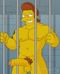 1boy balls brown_hair celebrity cell_bars erect_nipples erection half-erect headingsouth inviting_to_sex looking_at_viewer male male_only muscles naked naughty_face nude partially_retracted_foreskin penis pinup presenting_penis prison prisoner snake_jailbird tattoo the_simpsons uncut yellow_skin