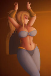 1girls arabian belly belly_dancer big_breasts blonde_hair bracelets female female_only fully_clothed harem_outfit harem_pants huge_ass huge_breasts looking_at_viewer metroid navel nintendo ponytail possession red_eyes saf-404 safartwoks safartworks samus_aran shantae shantae_(character) sidelocks smooth_skin solo super_smash_bros. thick_thighs thin_waist wide_hips