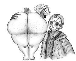 anthro beanie beanie_only big_butt blush blush_lines butt canid canine canis clothing domestic_dog duo female freckled_butt freckles friday_the_13th_(series) hat hat_only headgear headgear_only headwear headwear_only hi_res hockey_mask huge_butt human jason_voorhees male male/female mammal mask monochrome mostly_nude soup_(dokitokiii) sports_mask sportswear thick_thighs undead zomerous_(artist)