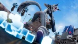 1boy 1girls 3d fishstick_(fortnite) fortnite foxventus glasses holding_weapon nude_female_clothed_male pussy tagme wolf_girl wolfie_(fortnite)