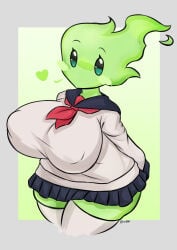 1girls alternate_body_type alternate_breast_size blush breasts covered_nipples curvaceous curvy curvy_figure elemental_creature elemental_humanoid female female_focus female_only fire_elemental fuku_fire green_skin hourglass_figure large_breasts looking_at_viewer miniskirt mob_face monster_girl nipple_bulge no_mouth school_uniform serafuku simple_face skirt solo solo_focus thick_thighs thighhighs thighs undertale undertale_(series) voluptuous voluptuous_female white_thighhighs wide_hips woebeeme