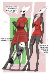 1boy 1futa 4_fingers 4_toes absurd_res angry anthro big_penis bikini black_body black_clothing blush bodily_fluids bottomwear breasts clothing covered_breasts cross-popping_vein dialogue duo embarrassed english_text feet femboy fingers flaccid futanari genital_fluids genitals gynomorph hi_res hollow_knight_(franchise) hornet_(hollow_knight) intersex intersex/male male nails navel nine_sols penis precum red_candle_games red_clothing skirt swimwear team_cherry text toenails toes two-piece_swimsuit vein veiny_penis vexyfursure white_body yi_(nine_sols)