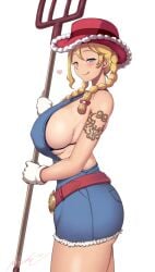 1girls big_breasts blonde_hair blue_eyes blue_overalls breasts cleavage clothing cowboy_shot curvy curvy_female curvy_figure holding_object holding_pitchfork kasai_shin kitt_(pokemon) large_breasts overalls pitchfork pokemon pokemon_champions revealing_clothes rucola_(pokemon) solo solo_female standing tongue tongue_out twin_braids white_background white_gloves