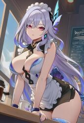 1girls 2026 ai_generated alternate_costume big_ass big_breasts big_butt big_thighs coffee_shop day exposed_ass exposed_breasts female female_focus female_only genshin_impact hoyoverse leaning_on_table long_hair looking_at_viewer lunealter maid_headdress maid_uniform mature_female mihoyo multicolored_hair no_bra pale-skinned_female pale_skin partially_clothed purple_eyes purple_nails sfw skirk_(genshin_impact) thick_ass thick_butt thick_hips thick_legs thick_thighs uncensored white_hair