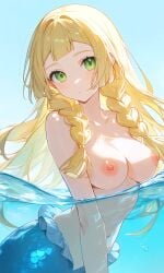 1girls ai_generated female female_focus female_only lillie_(pokemon) mermaid mermaid_tail pokemon pokemon_sm topless topless_female underwater