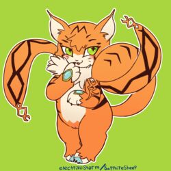 2018 anthro blush digimon digimon_(species) electrikestorm feline female fur green_background green_eyes hi_res mammal meicoomon neck_tuft nude orange_fur pussy shy simple_background slightly_chubby solo standing tuft