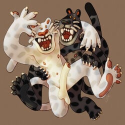 anthro armpit_showing black_body black_fur black_pawpads caricature claws duo fangs feet felid foreskin fur genitals glans hi_res intertwined long_penis long_tail male male/male mammal muscular muscular_male nipples pantherine pawpads penis pink_glans pink_navel pink_nipples pink_pawpads ravuer silly silly_face simple_background snow_leopard spots tail teeth whiskers white_body white_fur yellow_eyes