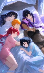 1boy 5girls ai_generated apron bambietta_basterbine black_hair bleach cooking dokugamine_riruka harem harem_outfit ichigo_kurosaki kuchiki_rukia kurotsuchi_nemu lanr0 limousine naked pajamas purple_hair quincy_(bleach) red_hair shihouin_yoruichi sleeping wedding_dress wedding_ring
