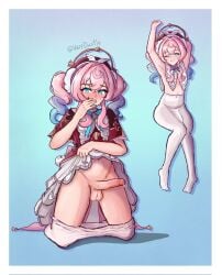 1futa armpits arms_up blue_eyes blue_hair blush bulge bulge_through_clothing clothing futa_only futanari gradient_hair honkai:_star_rail honkai_(series) hyacine_(honkai:_star_rail) kneeling long_hair looking_at_viewer multicolored_hair pantyhose pantyhose_pull penis pink_hair precum skirt skirt_lift sweat sweatdrop twintails uncensored verydustie