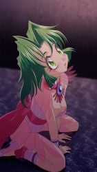 1girls battle_arena_toshinden breasts breasts_out commentary_request commission dual_wielding ellis_(battle_arena_toshinden) exposed_breasts female green_eyes green_hair itou_nobuhiro leotard medium_breasts nipples see-through_clothing short_hair white_leotard