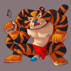 1:1 anthro blue_glans blue_nipples blue_nose caricature crouching curved_penis erection fangs felid frosted_flakes genitals glans hi_res kellogg's light_belly long_tail male mammal markings mascot muscular muscular_male nipples pantherine pecs penis ravuer silly_pose simple_background small_eyes smile solo striped_body striped_markings stripes tail teeth tiger tongue tongue_out tony_the_tiger