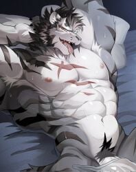 1boy abs animal_ears ao_(chung0u0) armpit_hair armpits arms_behind_head arms_up bara biceps black_fur black_hair blanket commentary completely_nude cross_scar english_commentary fangs furry furry_male highres looking_at_viewer lying male_focus male_pubic_hair muscular muscular_male navel nipples nude on_bed open_mouth pectorals penis penis_peek pubic_hair saliva scar scar_on_chest scar_on_face scar_on_stomach sdorica smile tail tiger_boy tiger_ears tiger_stripes tiger_tail tongue tongue_out topless_male yao_(sdorica)