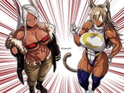 2girls abs biceps boku_no_hero_academia boots breasts brown_eyes bunny_ear cleavage clothed eyepatch female female_focus female_only ghislaine_dedoldia ghislaine_dedoldia_(cosplay) highres leotard miruko miruko_(cosplay) muscular muscular_female my_hero_academia outfit_swap red_eyes sreamrm tan_body tan_skin tanned tanned_female tanned_skin thighhighs underwear white_hair wide_hips