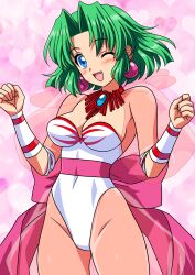 1girls battle_arena_toshinden breasts breasts_out ellis_(battle_arena_toshinden) female green_eyes green_hair leotard medium_breasts one_eye_closed short_hair white_leotard wink winking winking_at_viewer yuuyuu_(3jjbn)