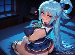 1girl 2026 ai_generated anime aqua aqua_(konosuba) ass bangs bare_shoulders bed blue_eyes blue_hair blue_shirt blue_skirt blush boobs boots bow breasts buttocks cleavage commando covered_nipples crossover detached_sleeves eye_contact female female_focus flushed hair_accessory hair_between_eyes hair_ornament hair_rings heart highres huge_breasts indoors inside kono_subarashii_sekai_ni_shukufuku_wo! konosuba lamp large_breasts long_hair looking_at_viewer looking_back miniskirt night no_panties nsfw on_bed patreon patreon_username pillow rognezart sitting skirt smile smiling solo thigh_boots thighhighs very_long_hair white_thighhighs window